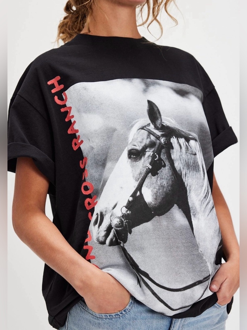 Free People Diamond Cross Ranch Horse Photo Tee Style 96705512 Black size XS - Picture 3 of 7